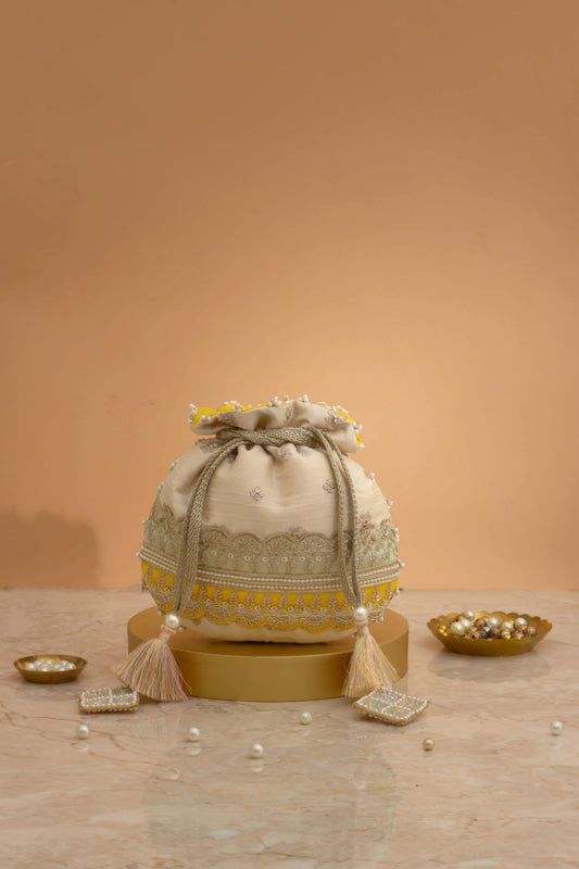 VIBHA EMBROIDERED POTLI - MINT & YELLOW