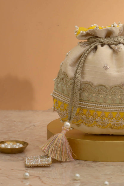 VIBHA EMBROIDERED POTLI - MINT & YELLOW