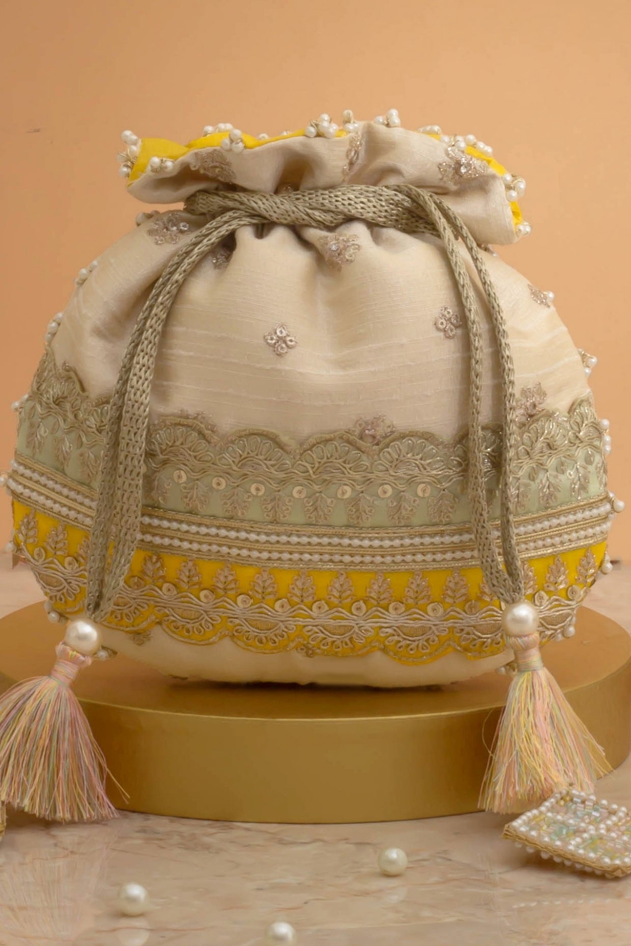 VIBHA EMBROIDERED POTLI - MINT & YELLOW