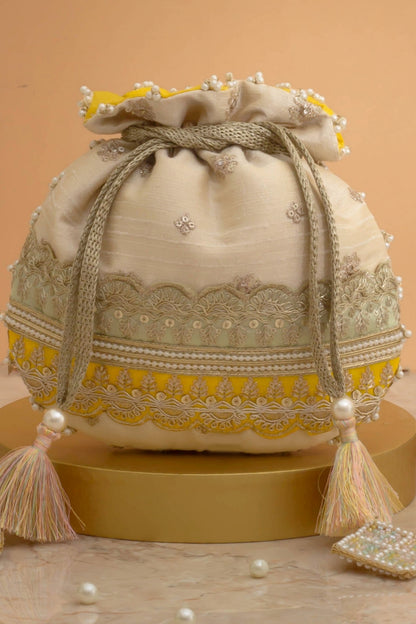 VIBHA EMBROIDERED POTLI - MINT & YELLOW