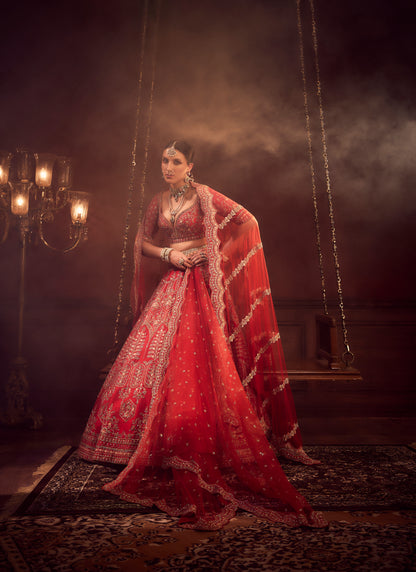 RED RAW SILK EMBROIDERED LEHENGA SET