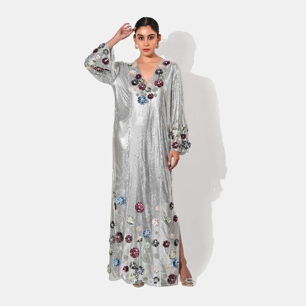 ZAHRA FLORAL EMBELLISHED CHAINMAIL METALLIC SILVER KAFTAN