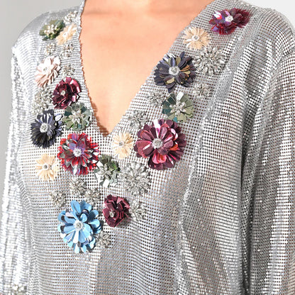 ZAHRA FLORAL EMBELLISHED CHAINMAIL METALLIC SILVER KAFTAN