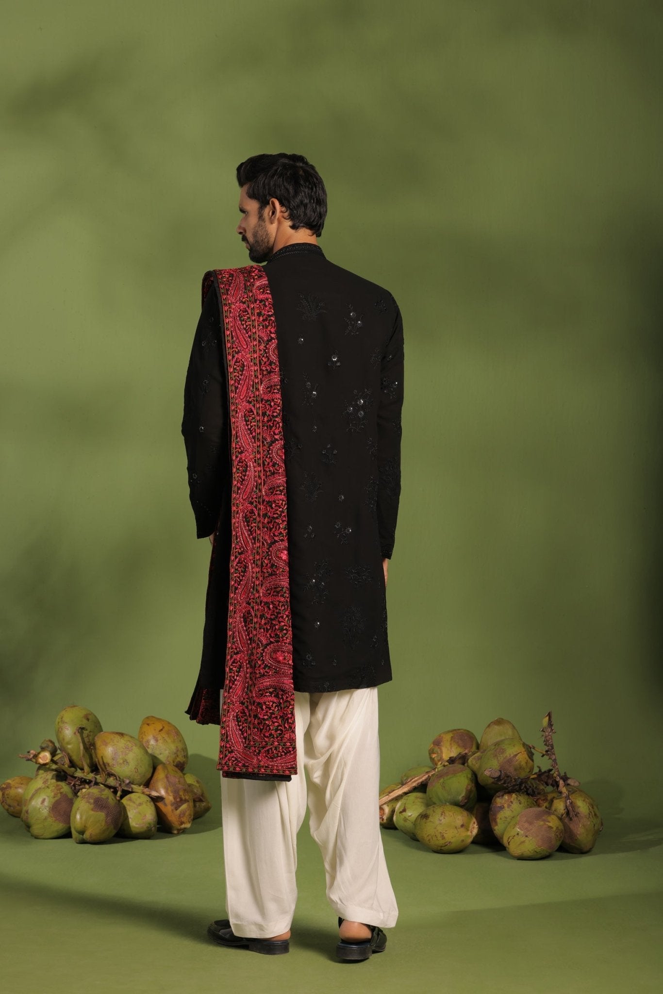 AGNI BLACK FRONT OPEN KURTA PATIYALA SET WITH DUPATTA - White Maison de Couture
