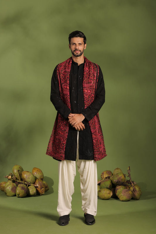 AGNI BLACK FRONT OPEN KURTA PATIYALA SET WITH DUPATTA - White Maison de Couture