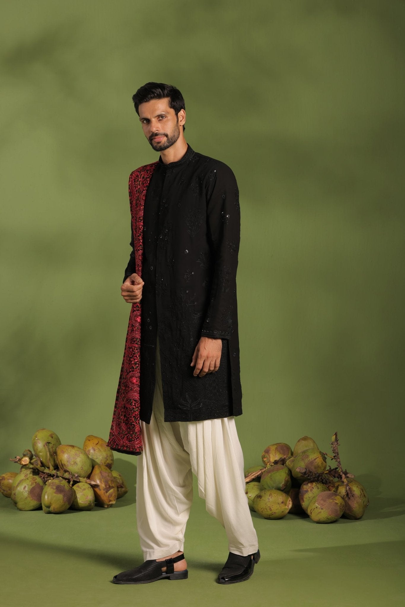 AGNI BLACK FRONT OPEN KURTA PATIYALA SET WITH DUPATTA - White Maison de Couture