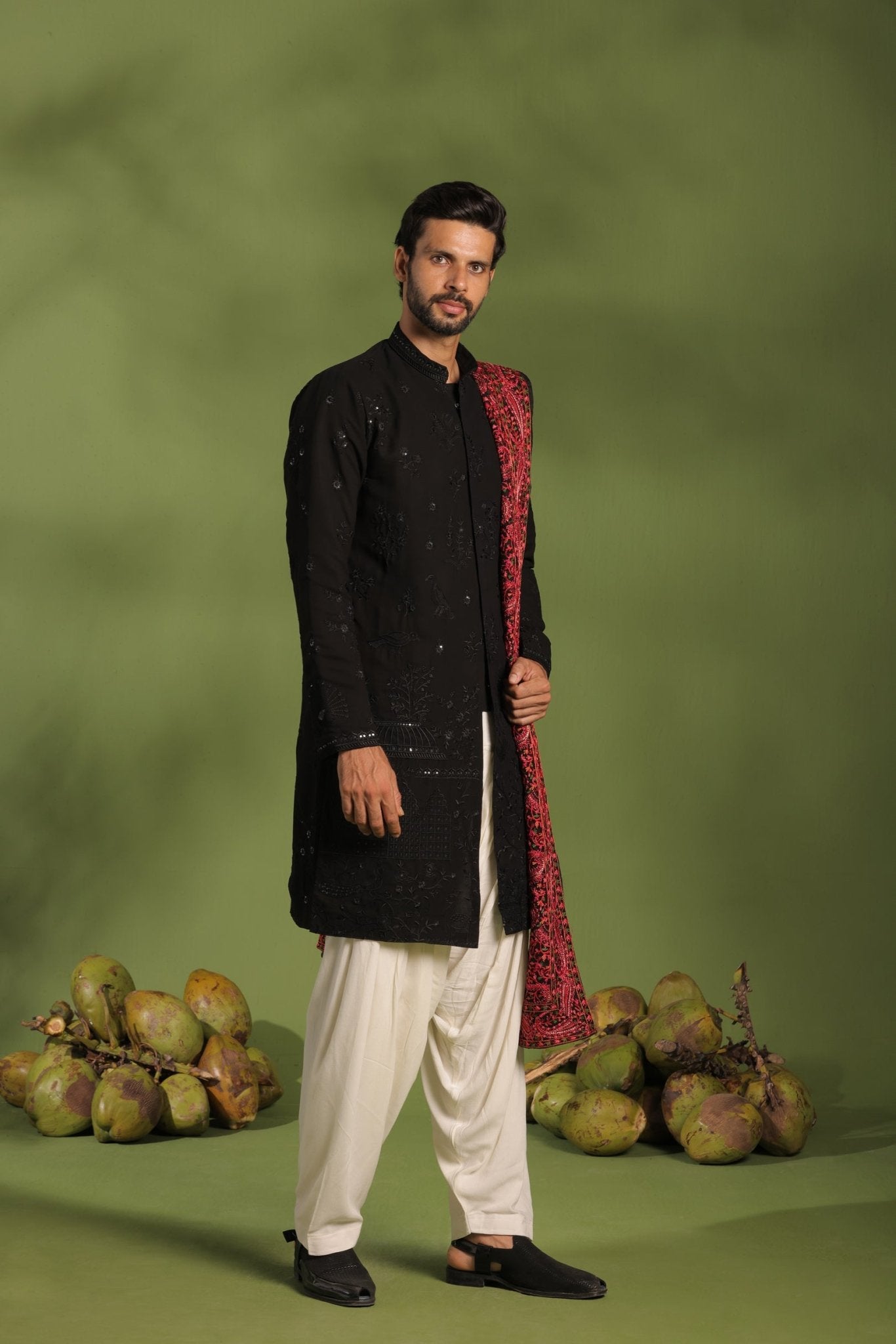 AGNI BLACK FRONT OPEN KURTA PATIYALA SET WITH DUPATTA - White Maison de Couture