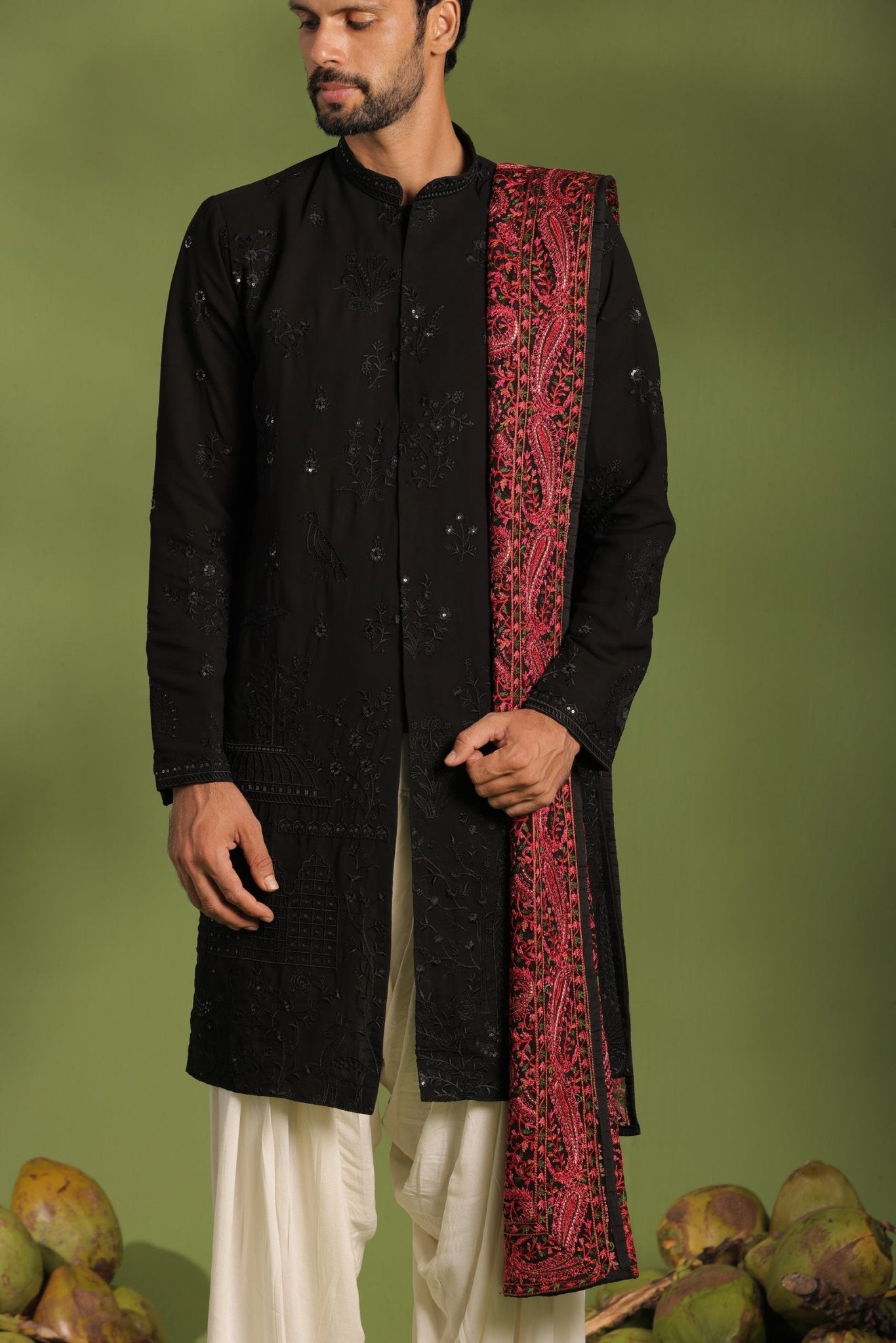 AGNI BLACK FRONT OPEN KURTA PATIYALA SET WITH DUPATTA - White Maison de Couture