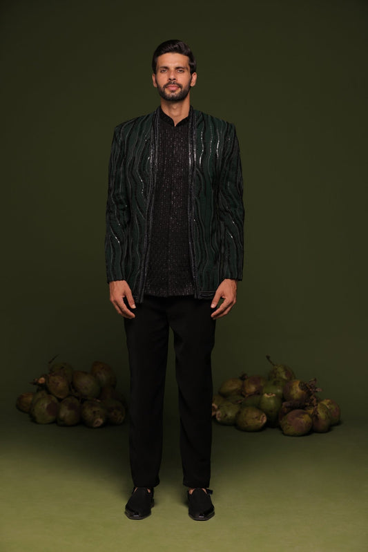 AMANTRA BOTTLE GREEN JODHPURI SET WITH SHORT SHIRT AND PANT - White Maison de Couture