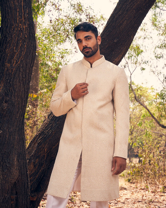 ART DECO SHERWANI SET - White Maison de Couture