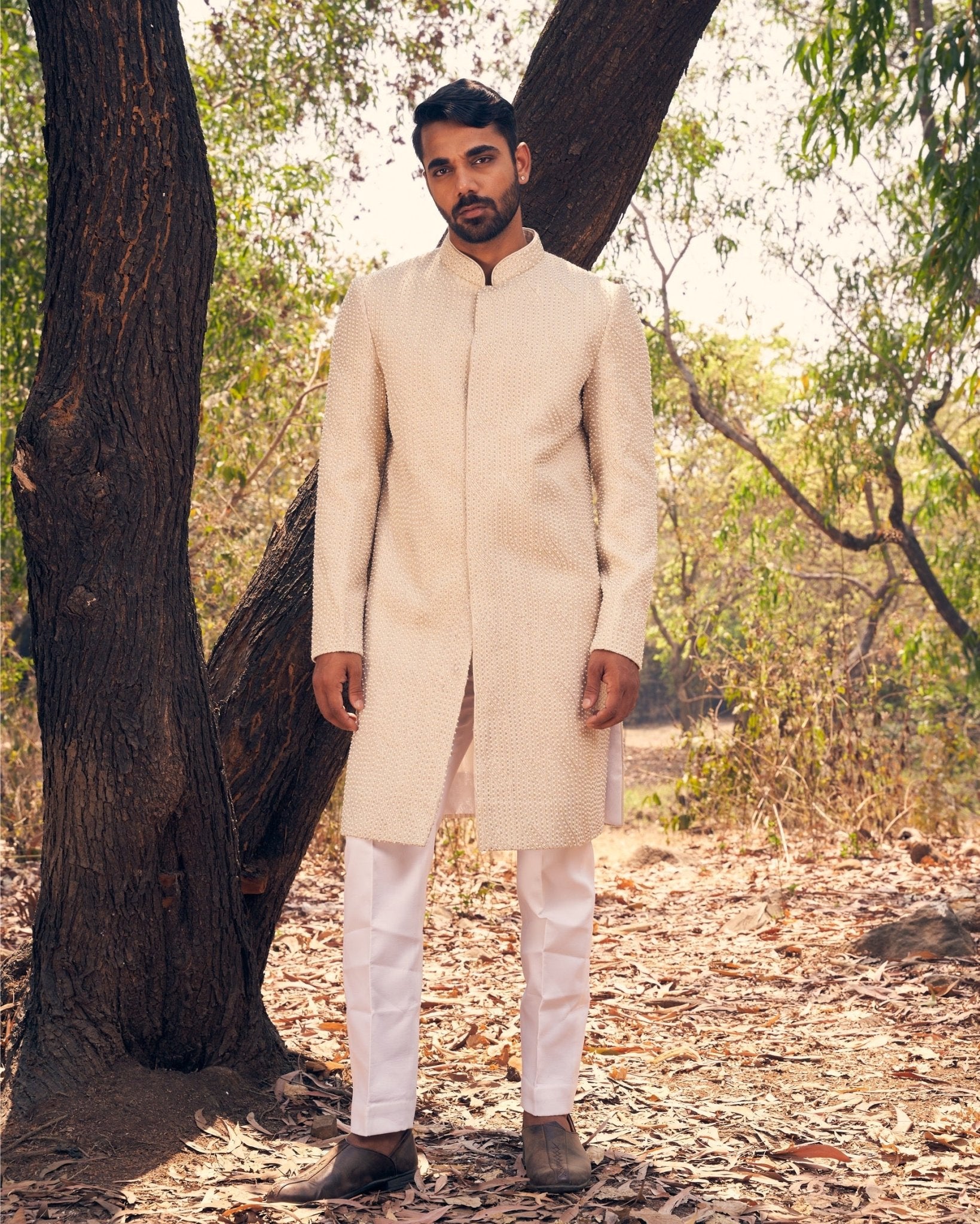 ART DECO SHERWANI SET - White Maison de Couture