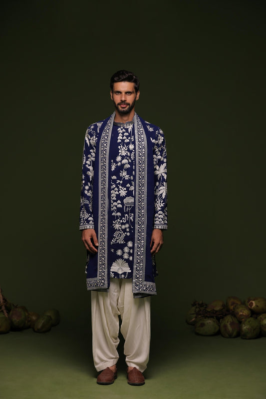 ARUNA NAVY KURTA SET WITH PATIYALA AND DUPATTA - White Maison de Couture