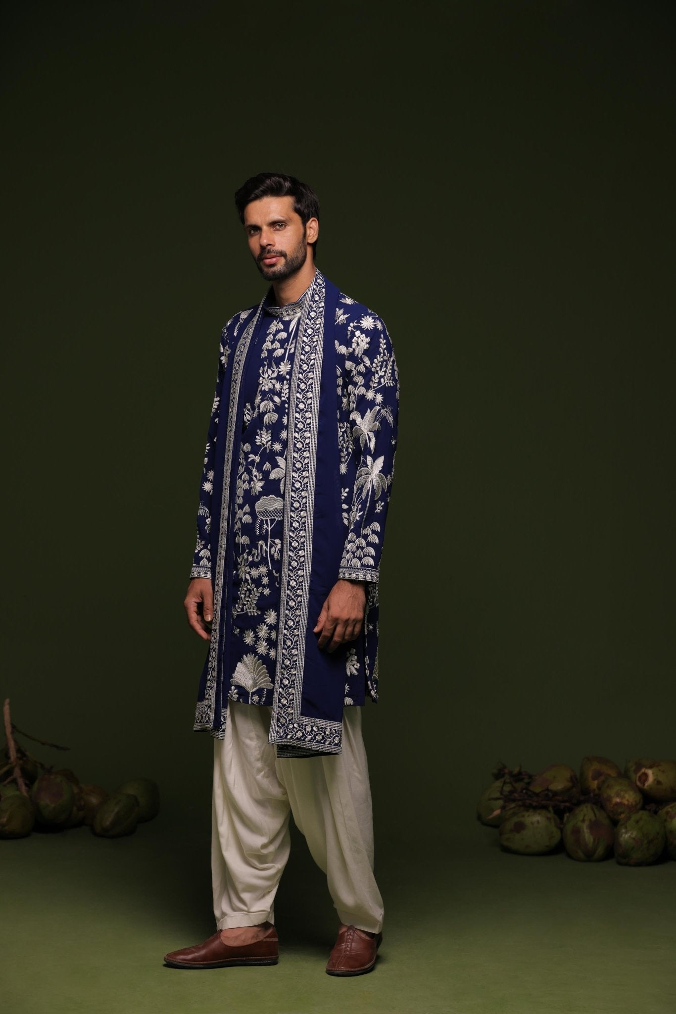 ARUNA NAVY KURTA SET WITH PATIYALA AND DUPATTA - White Maison de Couture