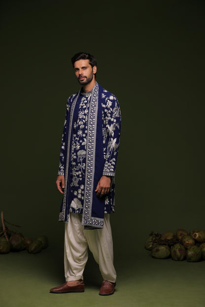 ARUNA NAVY KURTA SET WITH PATIYALA AND DUPATTA - White Maison de Couture