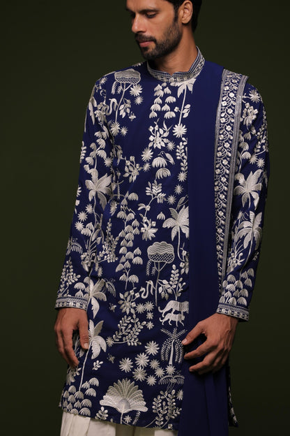 ARUNA NAVY KURTA SET WITH PATIYALA AND DUPATTA - White Maison de Couture