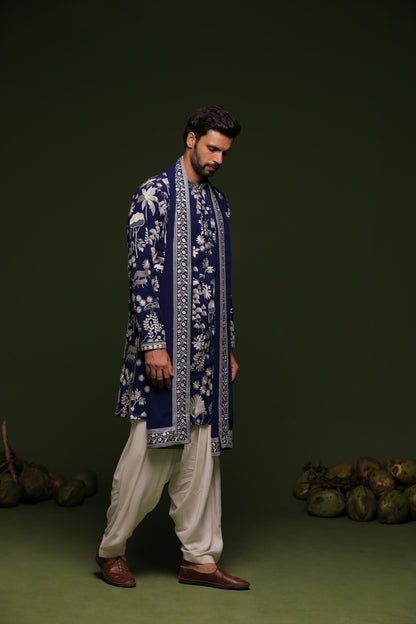 ARUNA NAVY KURTA SET WITH PATIYALA AND DUPATTA - White Maison de Couture