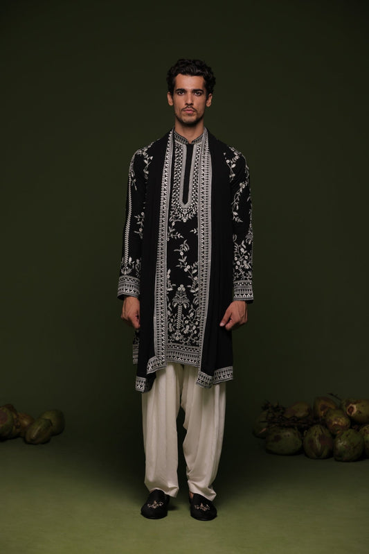ARYAMAN BLACK KURTA SET WITH PATIYALA AND DUPATTA - White Maison de Couture