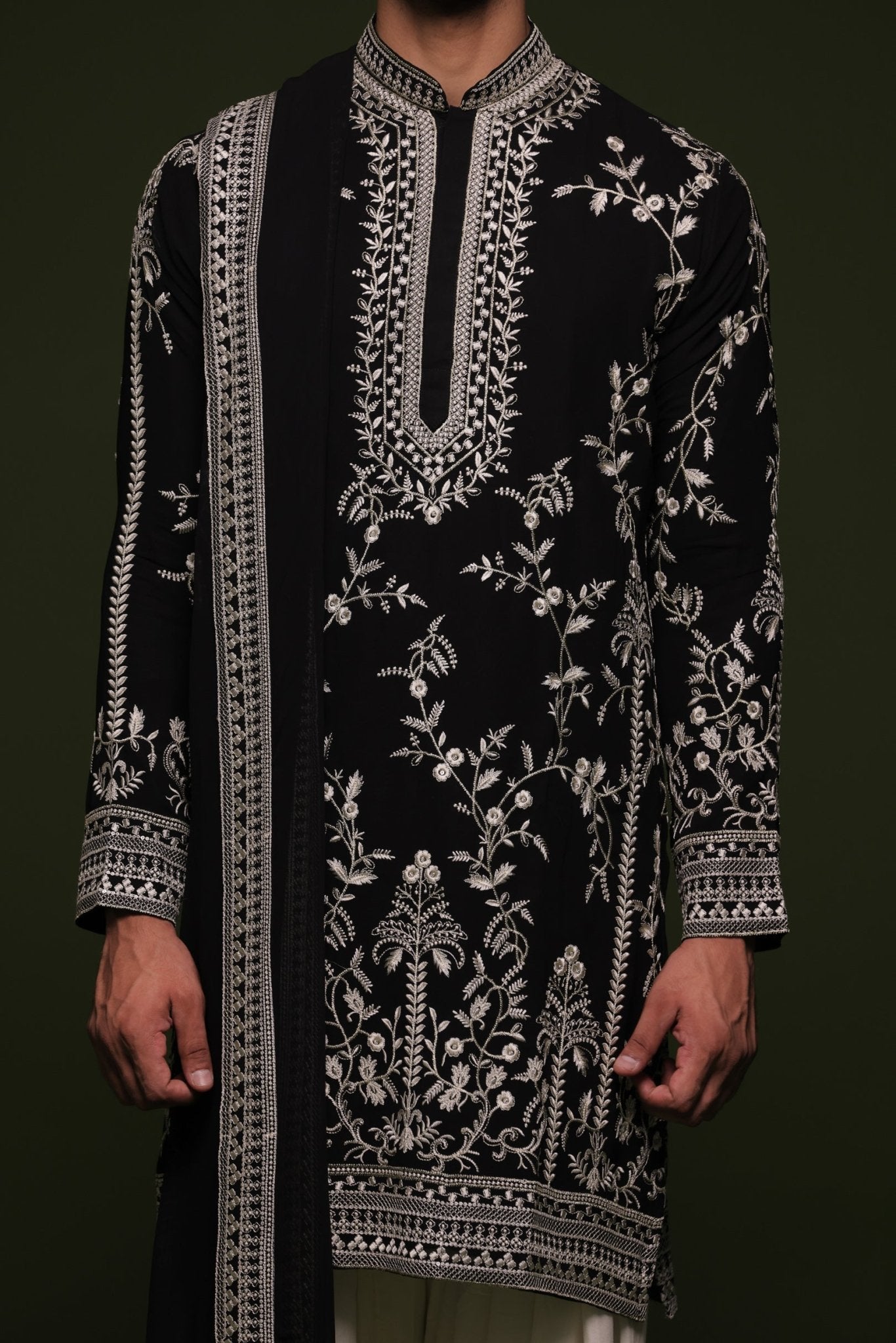 ARYAMAN BLACK KURTA SET WITH PATIYALA AND DUPATTA - White Maison de Couture