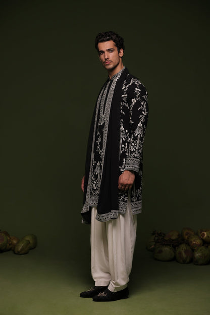 ARYAMAN BLACK KURTA SET WITH PATIYALA AND DUPATTA - White Maison de Couture