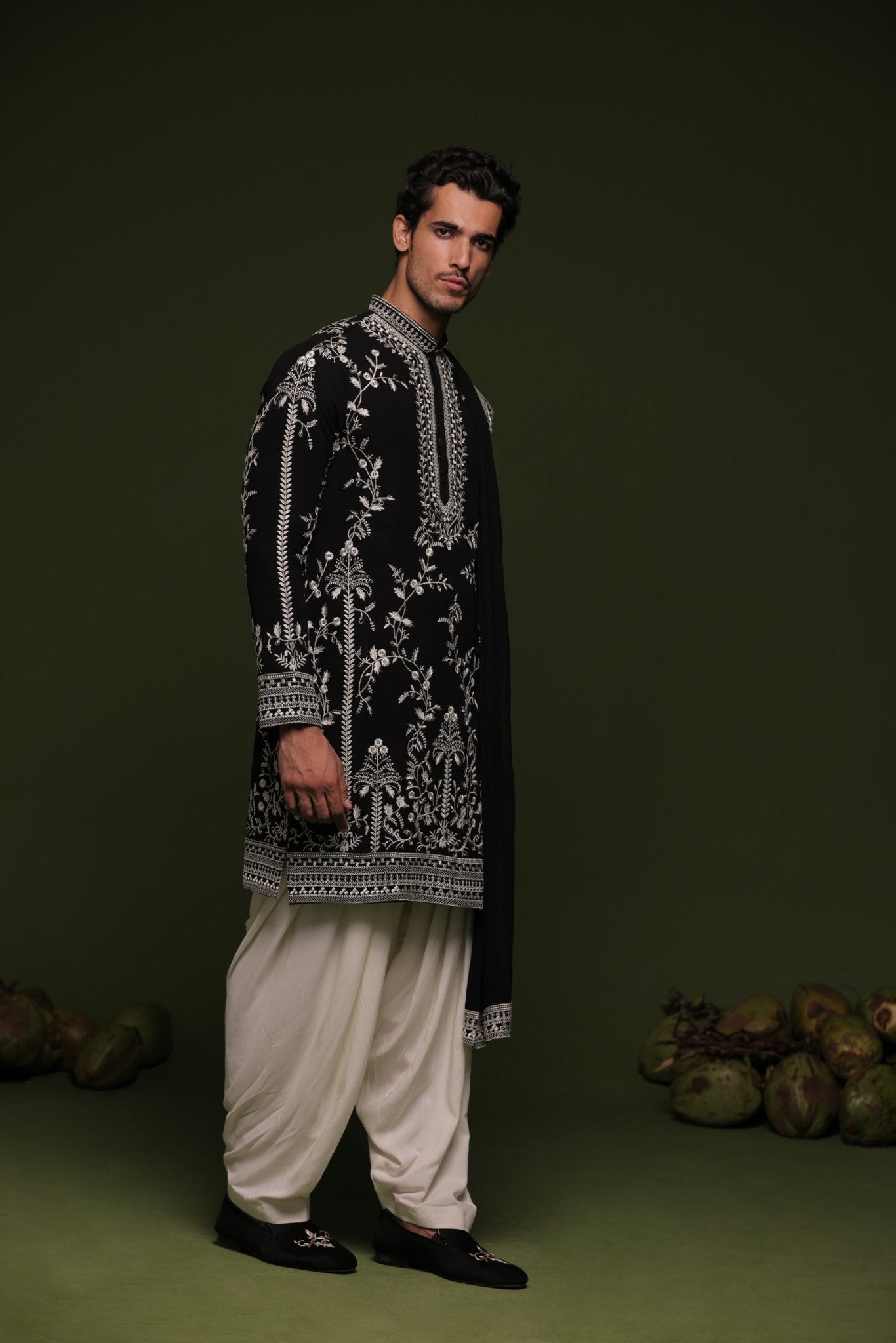 ARYAMAN BLACK KURTA SET WITH PATIYALA AND DUPATTA - White Maison de Couture