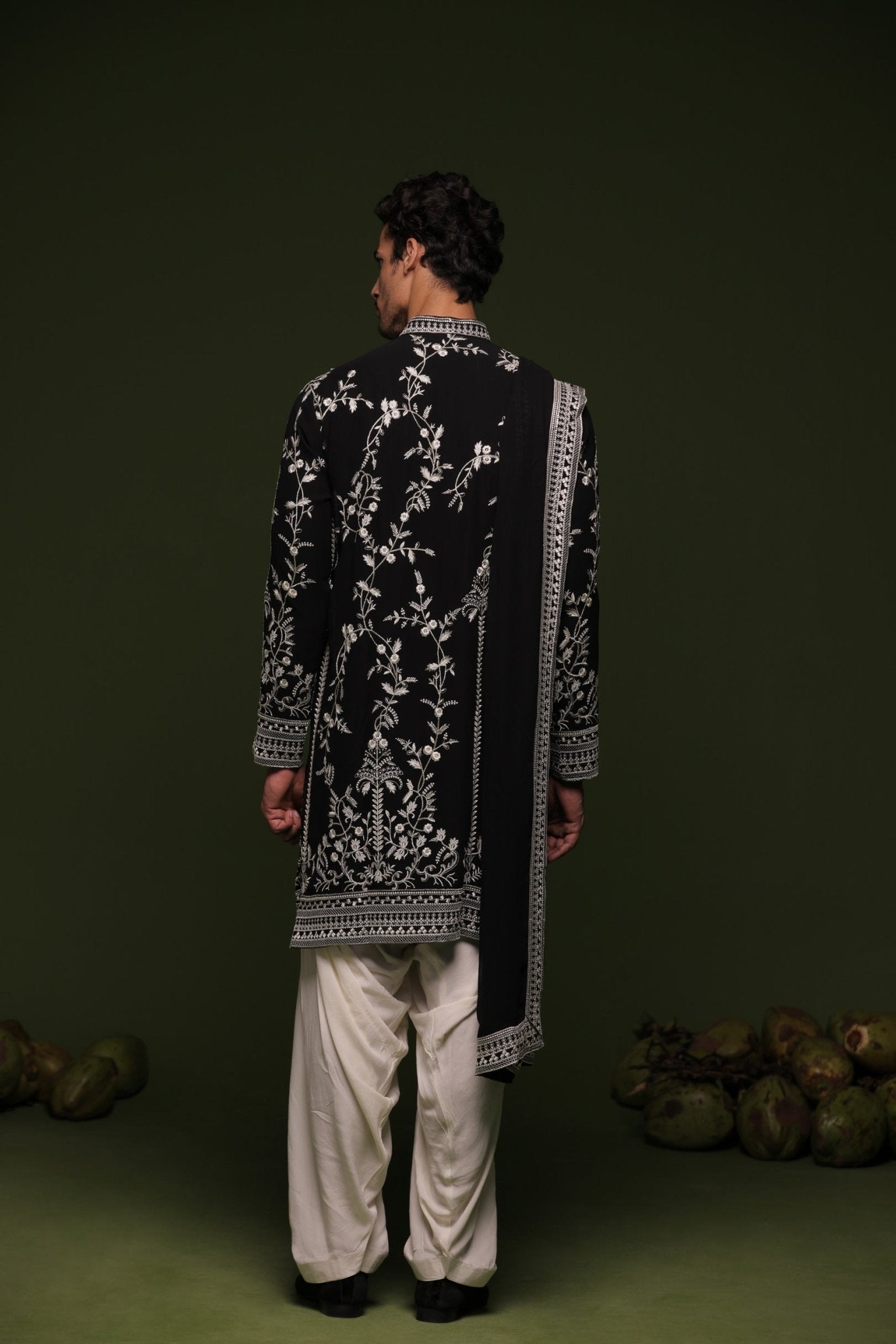 ARYAMAN BLACK KURTA SET WITH PATIYALA AND DUPATTA - White Maison de Couture