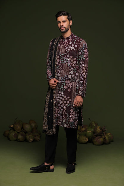 ASHOK BLACK KURTA SET WITH TROUSER AND DUPATTA - White Maison de Couture