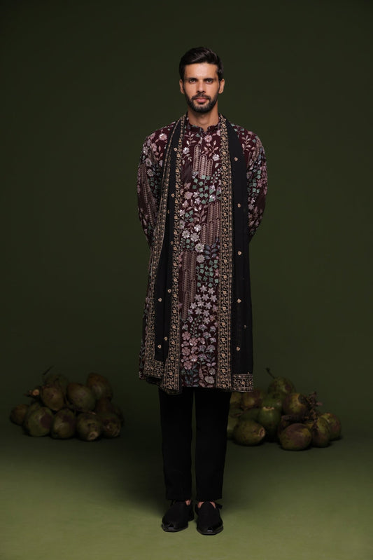 ASHOK BLACK KURTA SET WITH TROUSER AND DUPATTA - White Maison de Couture