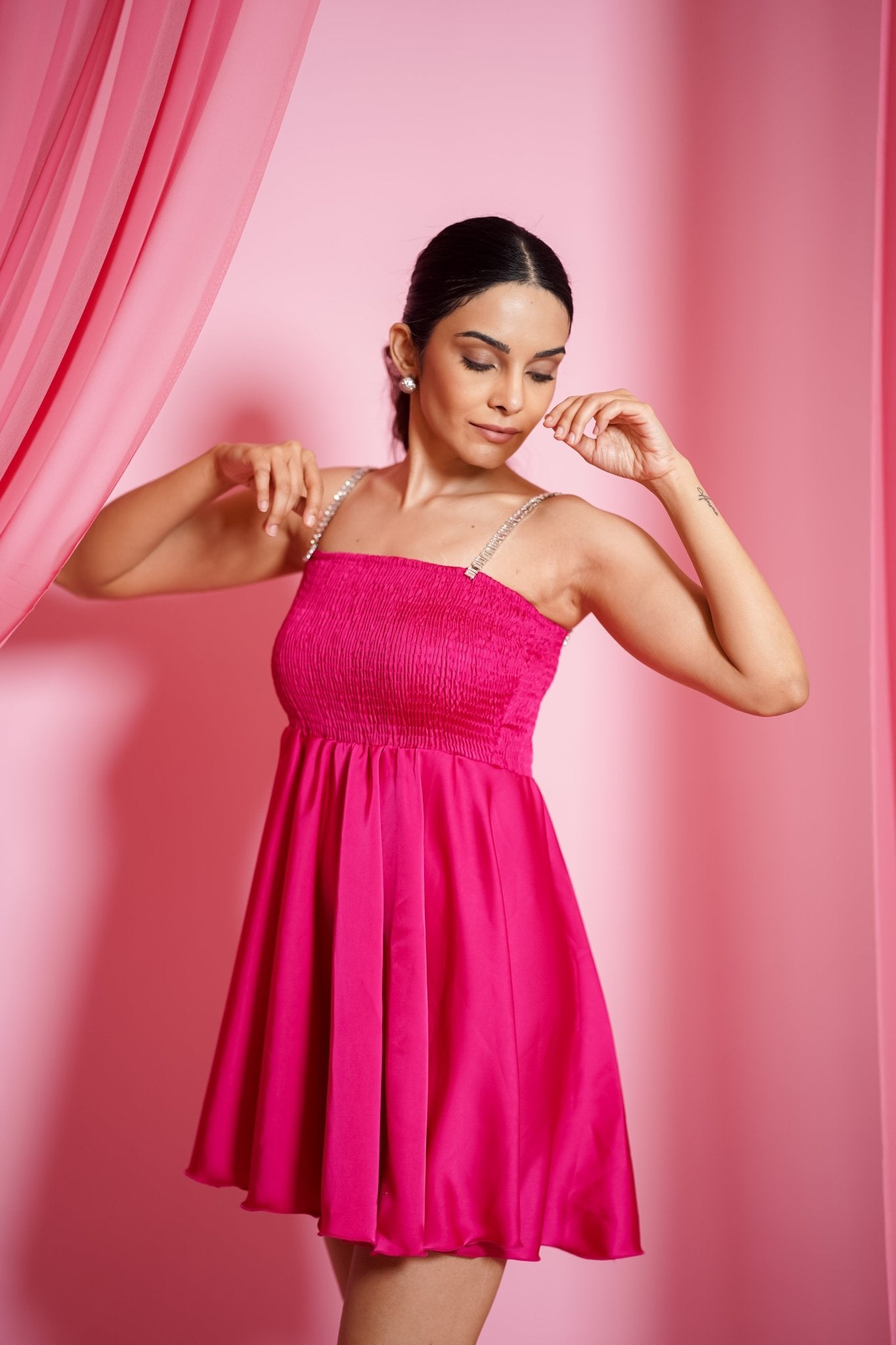 AURORA SILK MINI DRESS IN FUCHSIA - White Maison de Couture