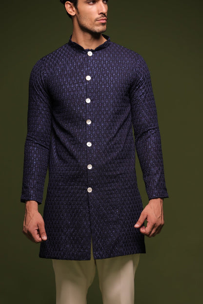 AVIRAL NAVY FRONT OPEN KURTA TROUSER SET WITH DUPATTA - White Maison de Couture