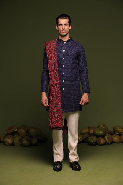 AVIRAL NAVY FRONT OPEN KURTA TROUSER SET WITH DUPATTA - White Maison de Couture