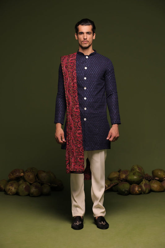 AVIRAL NAVY FRONT OPEN KURTA TROUSER SET WITH DUPATTA - White Maison de Couture
