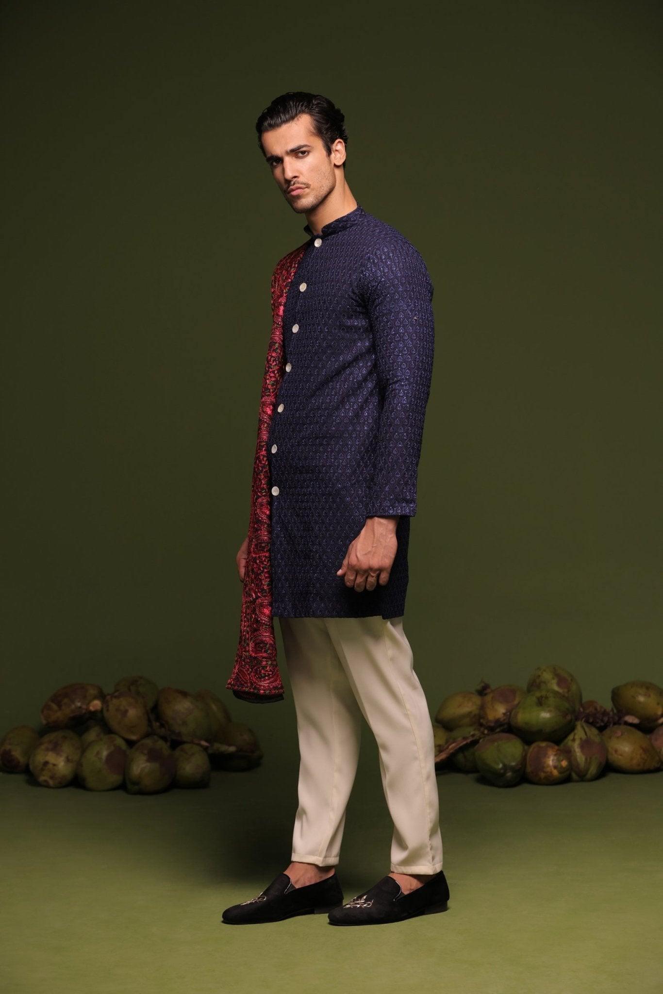 AVIRAL NAVY FRONT OPEN KURTA TROUSER SET WITH DUPATTA - White Maison de Couture