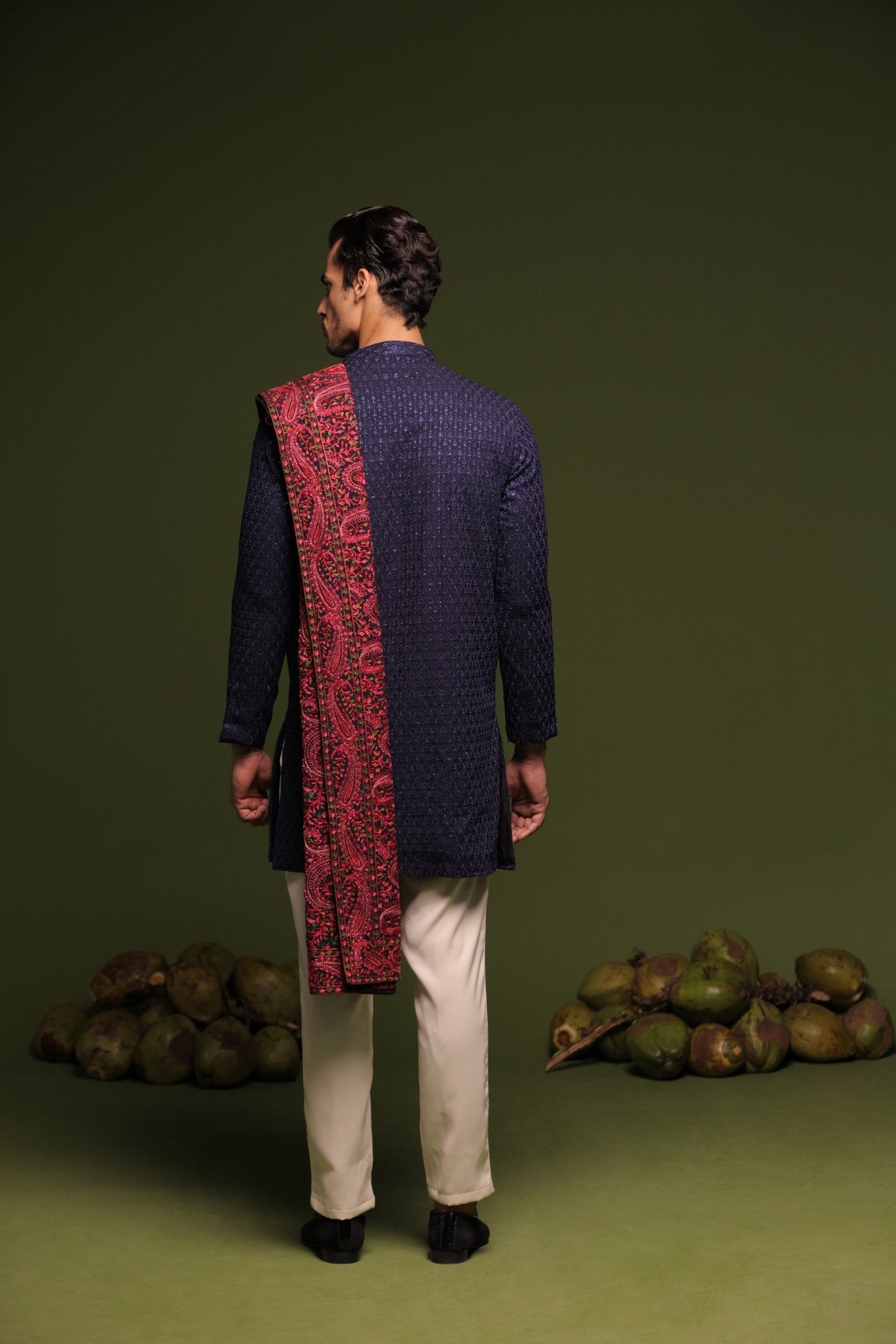 AVIRAL NAVY FRONT OPEN KURTA TROUSER SET WITH DUPATTA - White Maison de Couture