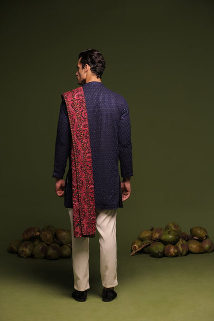 AVIRAL NAVY FRONT OPEN KURTA TROUSER SET WITH DUPATTA - White Maison de Couture