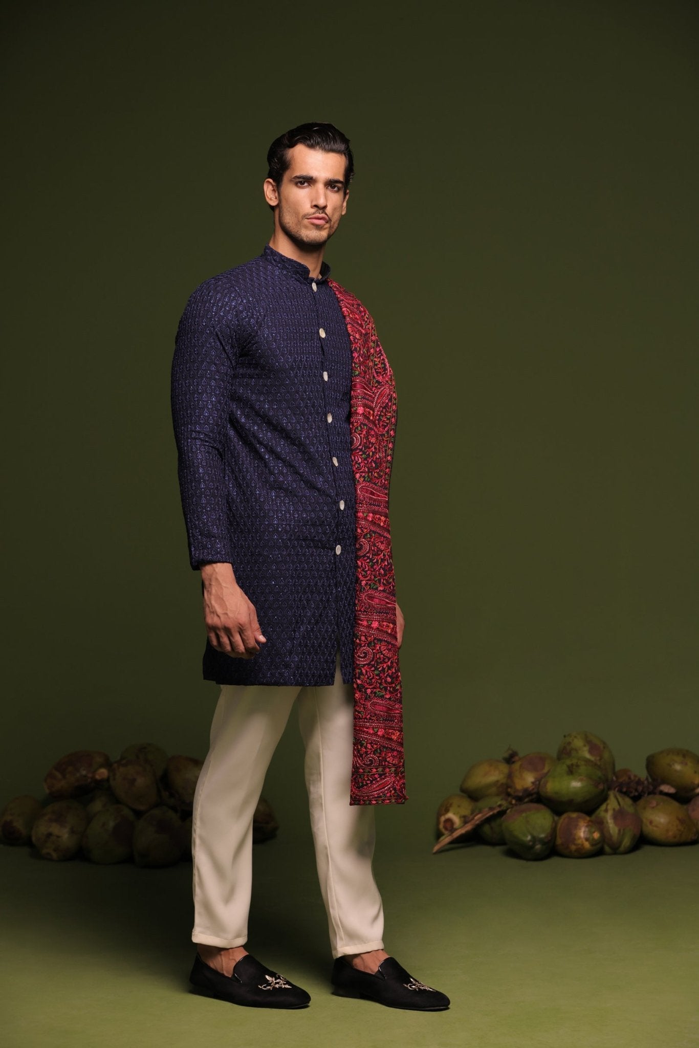 AVIRAL NAVY FRONT OPEN KURTA TROUSER SET WITH DUPATTA - White Maison de Couture