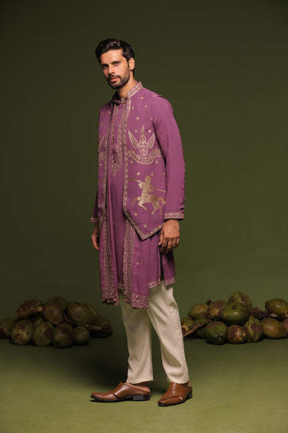 AVYAY PURPLE JACKET KURTA SET WITH TROUSER AND DUPATTA - White Maison de Couture