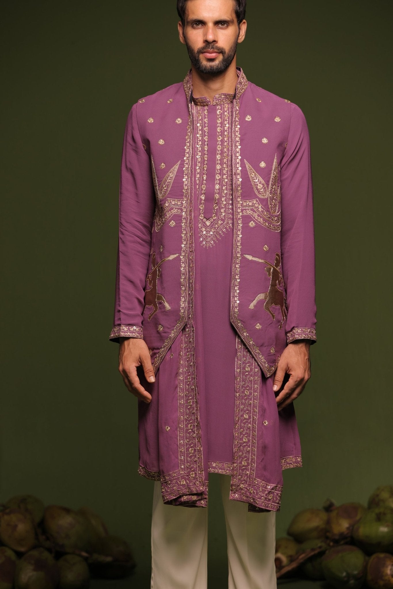 AVYAY PURPLE JACKET KURTA SET WITH TROUSER AND DUPATTA - White Maison de Couture