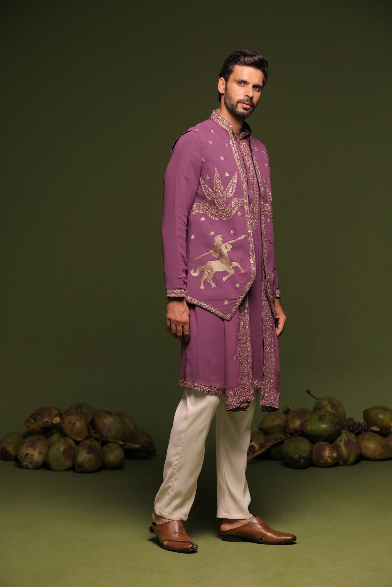 AVYAY PURPLE JACKET KURTA SET WITH TROUSER AND DUPATTA - White Maison de Couture