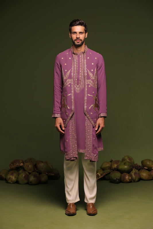 AVYAY PURPLE JACKET KURTA SET WITH TROUSER AND DUPATTA - White Maison de Couture