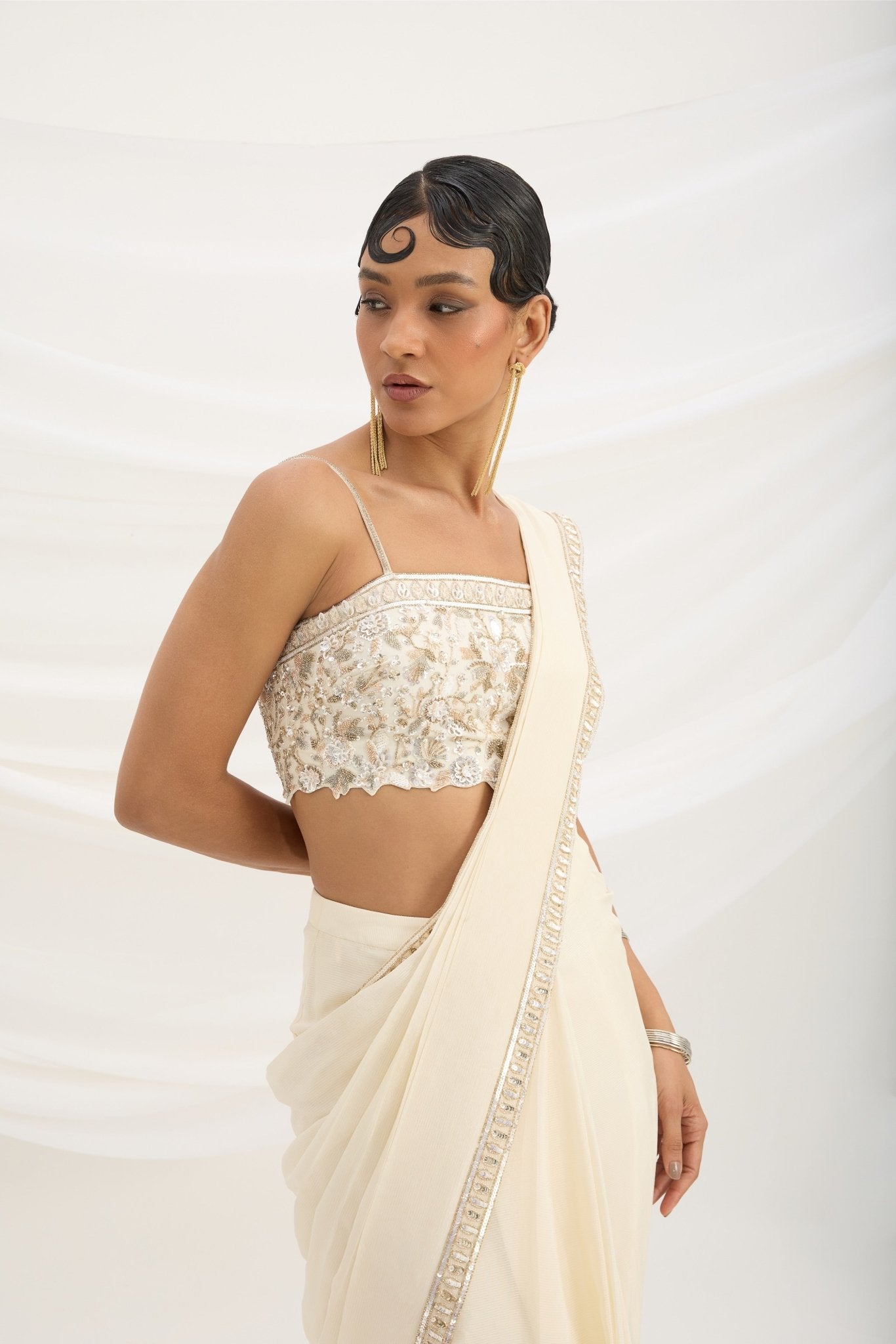 BEIGE DRAPE SET SAREE WITH EMBROIDERED BLOUSE - White Maison de Couture
