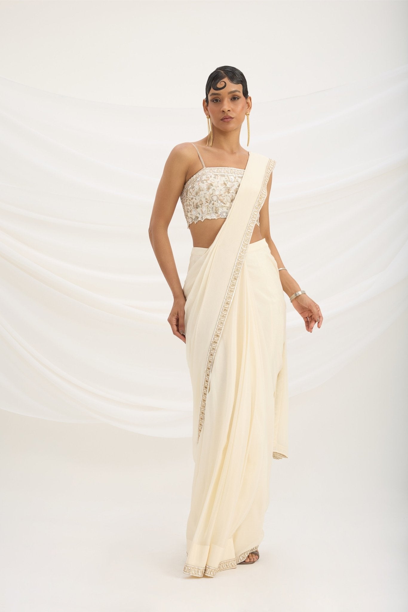 BEIGE DRAPE SET SAREE WITH EMBROIDERED BLOUSE - White Maison de Couture
