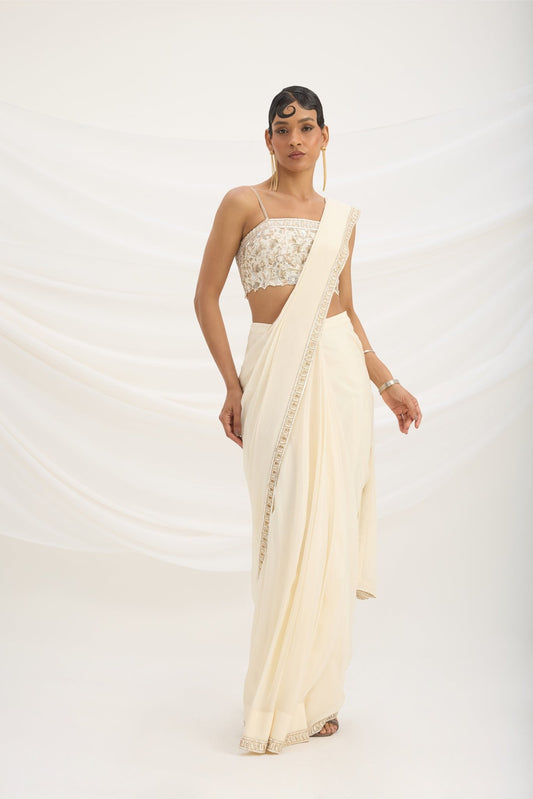 BEIGE DRAPE SET SAREE WITH EMBROIDERED BLOUSE - White Maison de Couture