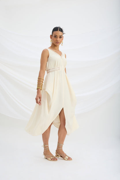 BEIGE EMBROIDERED DRAPE DRESS - White Maison de Couture