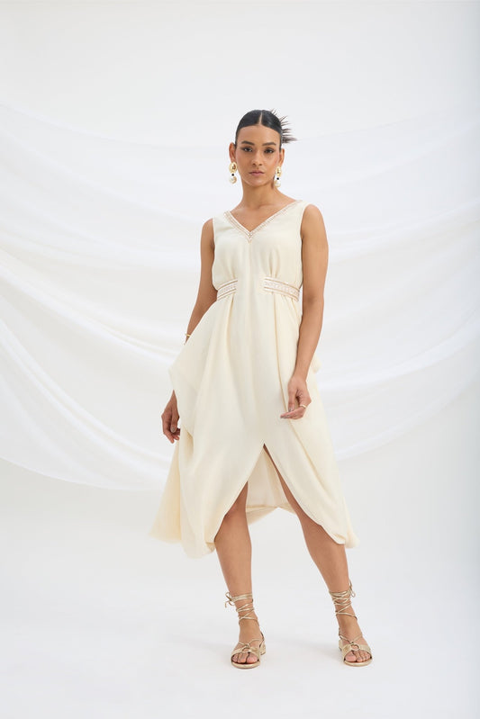 BEIGE EMBROIDERED DRAPE DRESS - White Maison de Couture