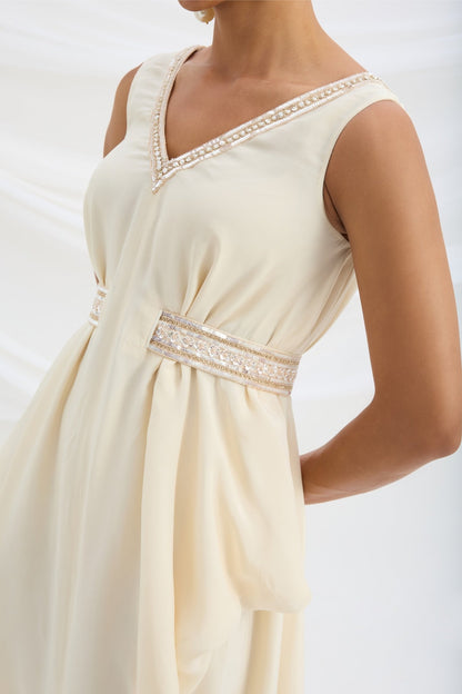 BEIGE EMBROIDERED DRAPE DRESS - White Maison de Couture