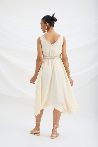 BEIGE EMBROIDERED DRAPE DRESS - White Maison de Couture