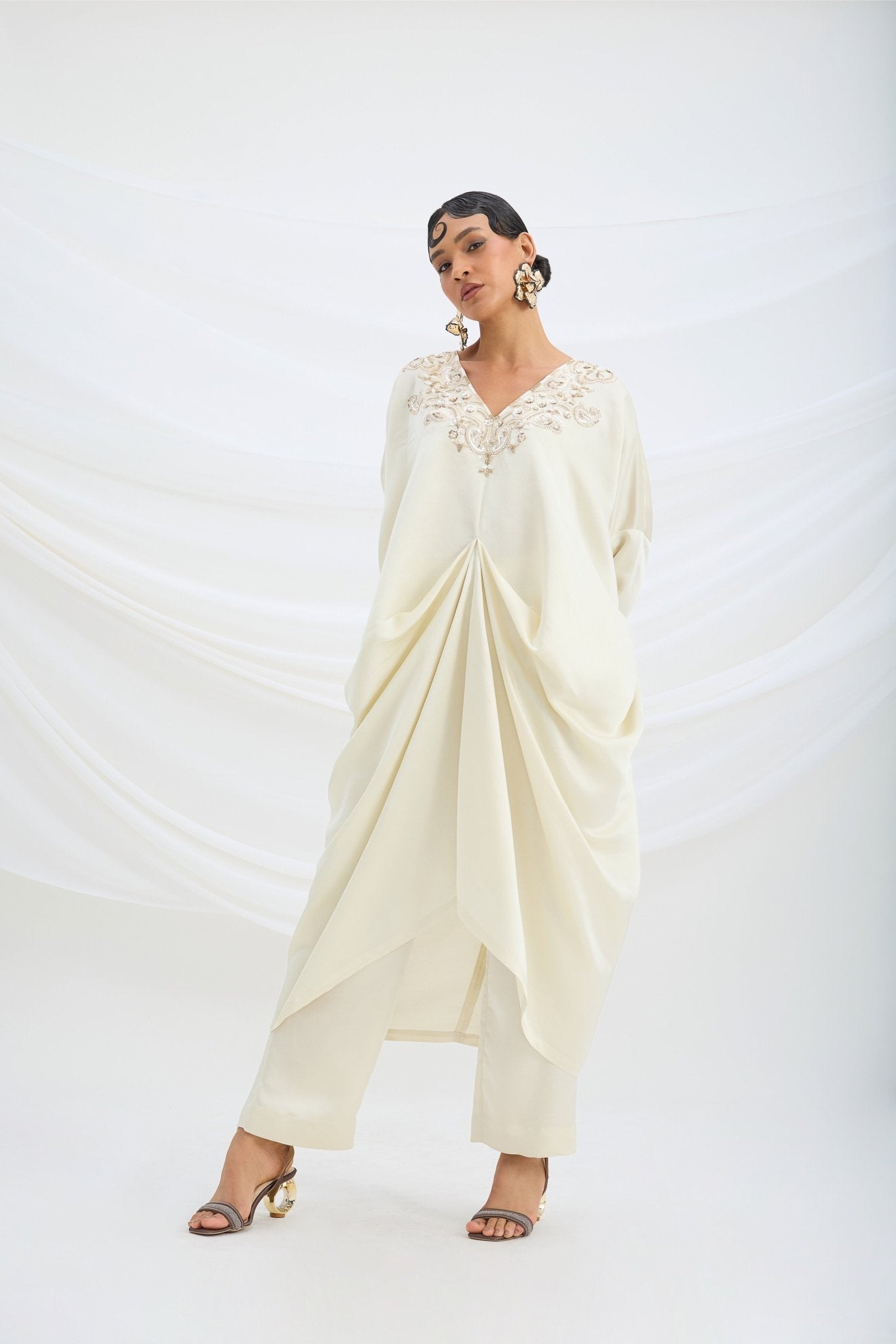 BEIGE EMBROIDERED DRAPED KAFTAN WITH BOTTOM - White Maison de Couture