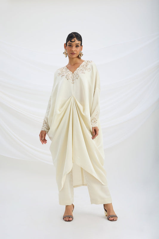 BEIGE EMBROIDERED DRAPED KAFTAN WITH BOTTOM - White Maison de Couture