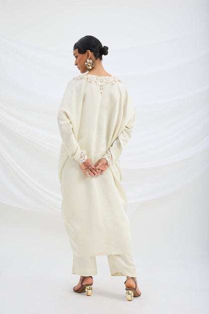 BEIGE EMBROIDERED DRAPED KAFTAN WITH BOTTOM - White Maison de Couture
