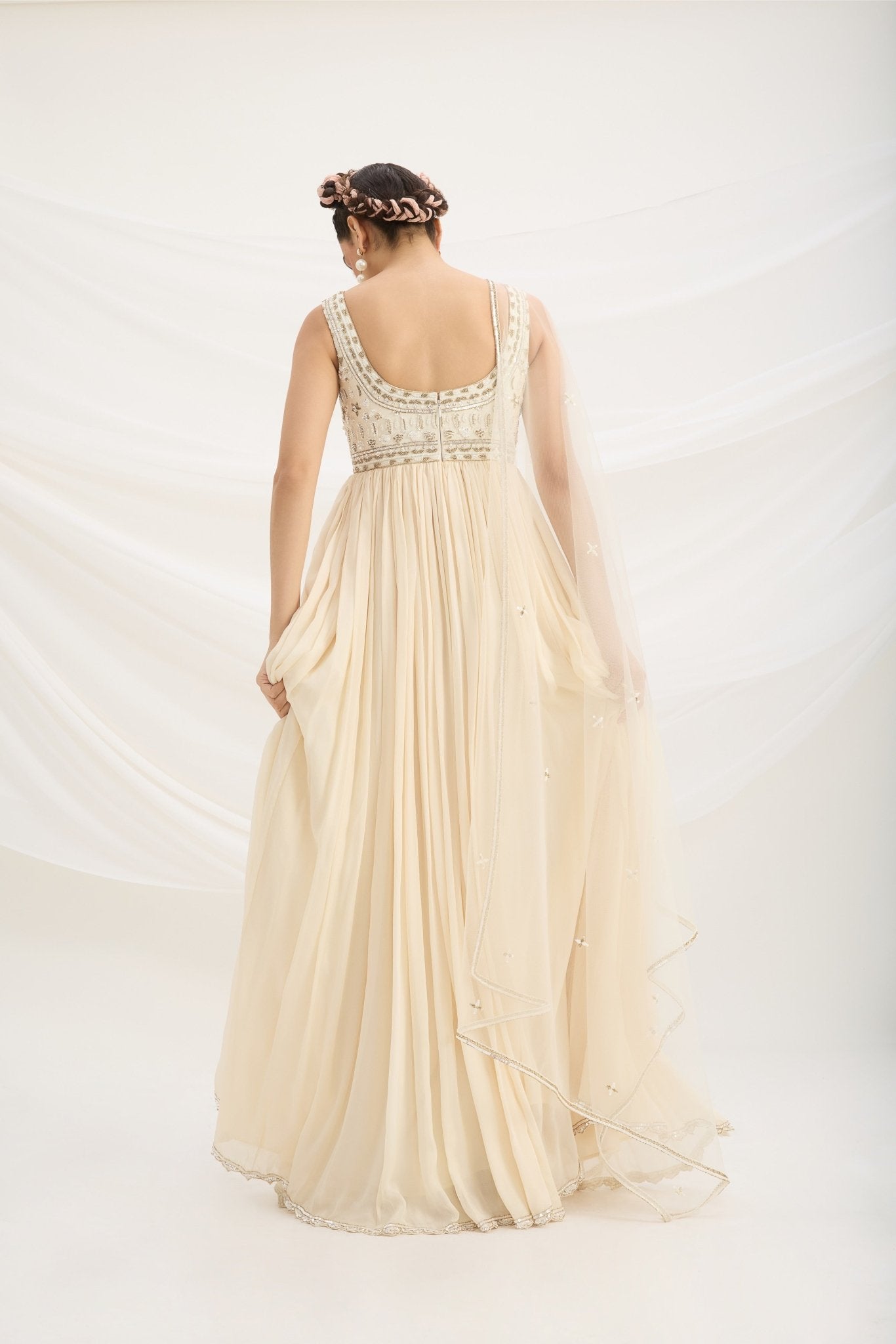 BEIGE EMBROIDERED DRESS WITH DUPATTA - White Maison de Couture